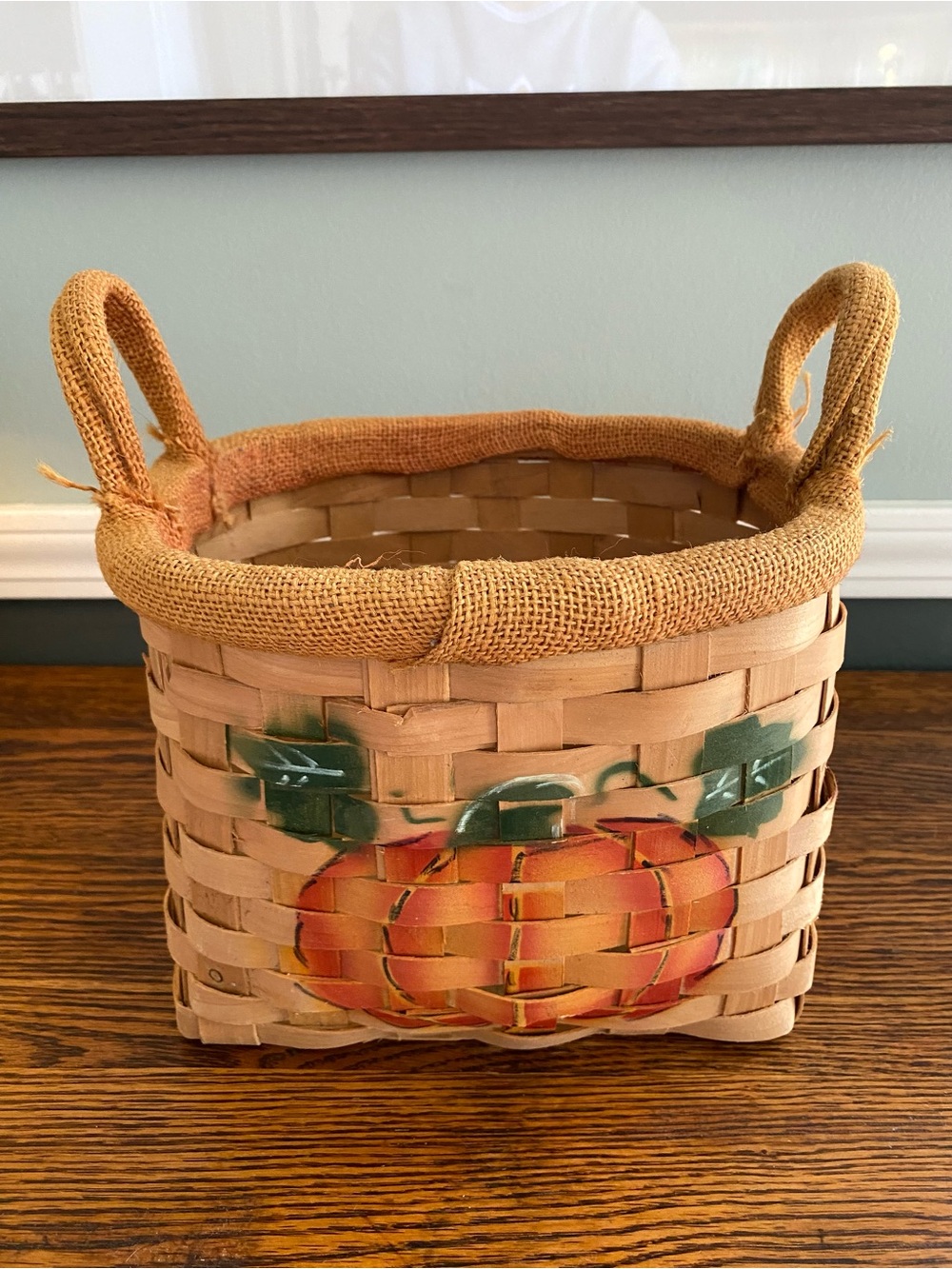 Vintage Hand Painted Woven Wooden Basket Pumpkin Design Fall Harvest Decor